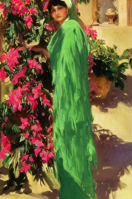 Prompt: portrait of persian girl with arabesque green scarf near bougainvillea and mexican fan palms, painting by john singer sargent