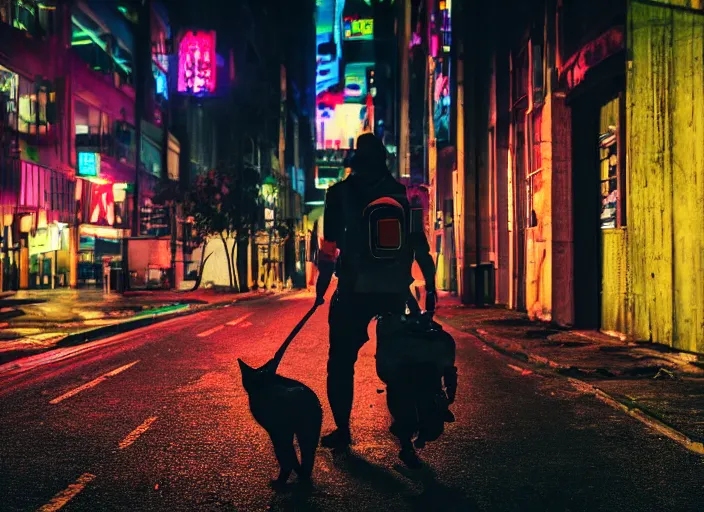 Image similar to photography of a Cat carrying a backpack . in a cyberpunk street. award winning photo, led lighting, night, 24mm, sharp, high res