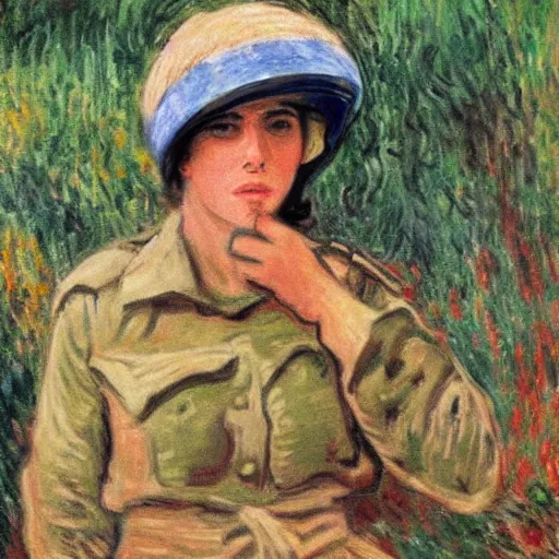 Image similar to a female israel defence force soldier pressing a staple gun to her own head and looking depressed by monet