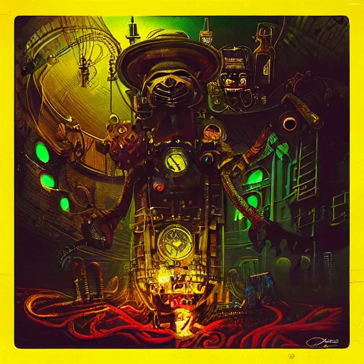 Image similar to steampunk rat, acid, 303, psychedelic, by paul lehr, cd cover for techno artist