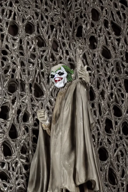 Prompt: a cinematic view of a ornated intricate gothic sacred statue of medieval joker made in light concrete, with few ornaments in shiny polished chrome, sculpted by gaudi, neutral background