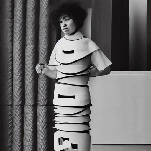 Prompt: woman wearing a cup!!!!!!!! ramen!!!!!!!! dress designed by issey miyake