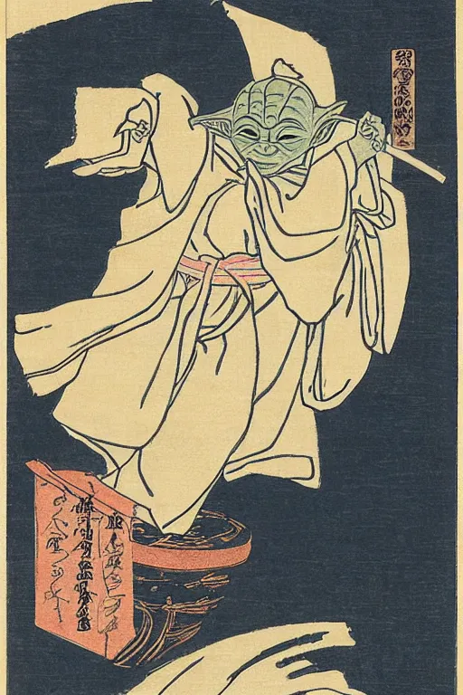 Image similar to Japanese woodblock print of Yoda, Hokusai