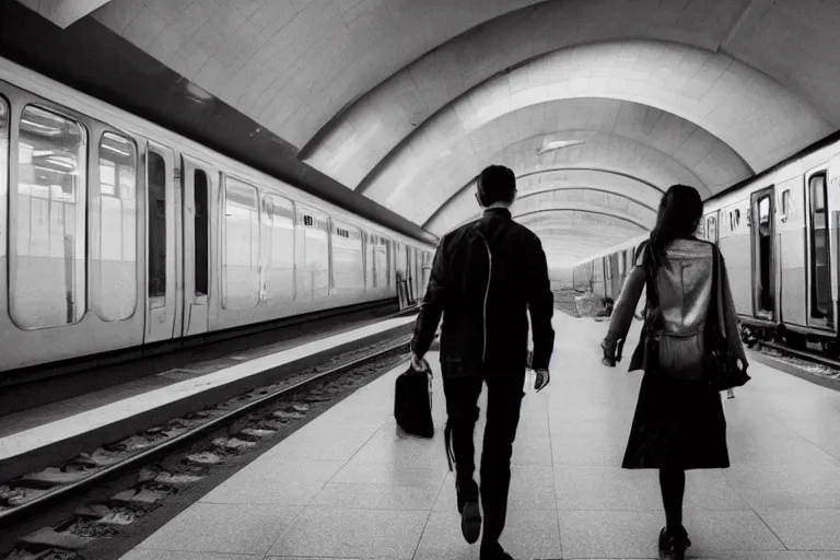 Prompt: vfx movie couple in a train station by emmanuel lubezki