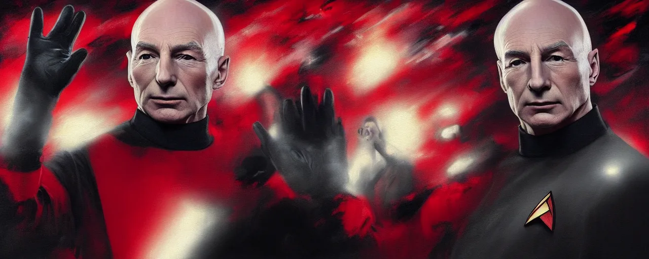 Image similar to duotone black and red concept 3 / 4 portrait of ( ( ( picard facepalm meme ) ) ) captain jean - luc picard with palm on his face inside uss enterprise. accidental renaissance. concept by stanley kubrick. sergey kolesov and ruan jia and heng z. graffiti art, scifi, fantasy, hyper detailed. octane render. trending on artstation