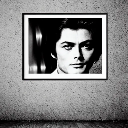 Image similar to stunning symmetrical portrait of alain delon in front of a tall moog synthesizer, high contrast grainy blank and white photography print ilford warm tone