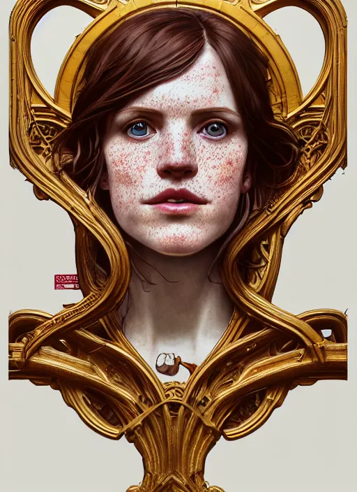 Image similar to close up portrait of wendy thomas, pale young woman with freckles, baroque hamburgers, fast food imagery by artgerm, cushart krenz, greg rutkowski, mucha. art nouveau. gloomhaven, golden arches logo, pale colors, sharp edges. ultra clear detailed. 8 k. elegant, intricate, octane render