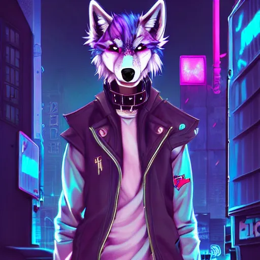 Image similar to beautiful furry art portrait commission of a androgynous furry anthro wolf fursona both wearing punk clothes in the streets of a cyberpunk city. neon signs. character design by charlie bowater, ross tran, artgerm, and makoto shinkai, detailed, inked, western comic book art