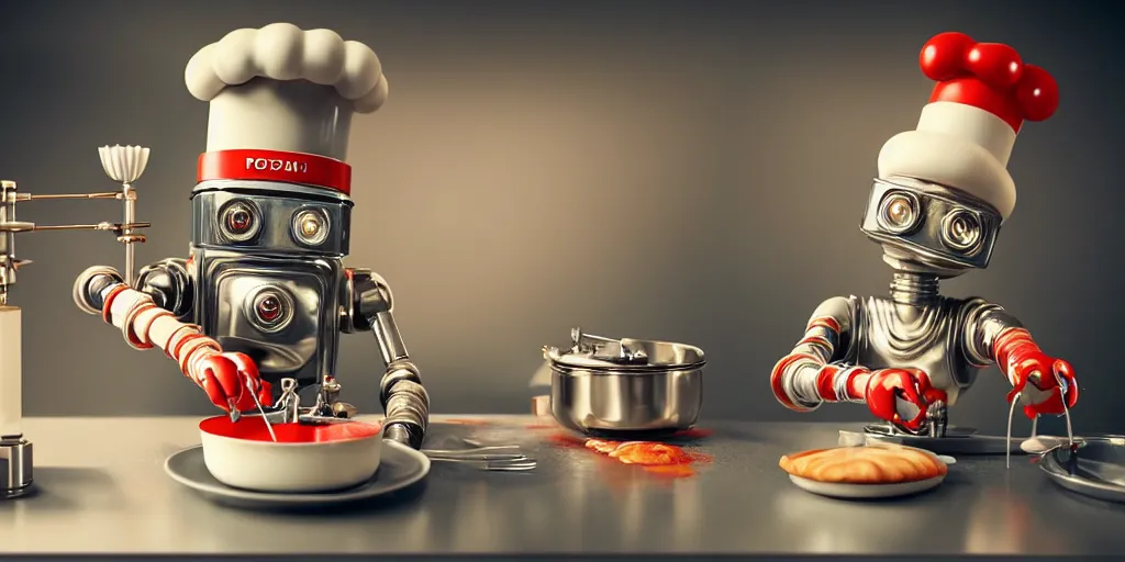 Image similar to closeup portrait of tin toy retro robot chef mixing chemicals cooking pastry in a kitchen, depth of field, zeiss lens, detailed, centered, fashion photoshoot, by nicoletta ceccoli, mark ryden, lostfish, breathtaking, 8 k resolution, extremely detailed, beautiful, establishing shot, artistic, hyperrealistic, octane render