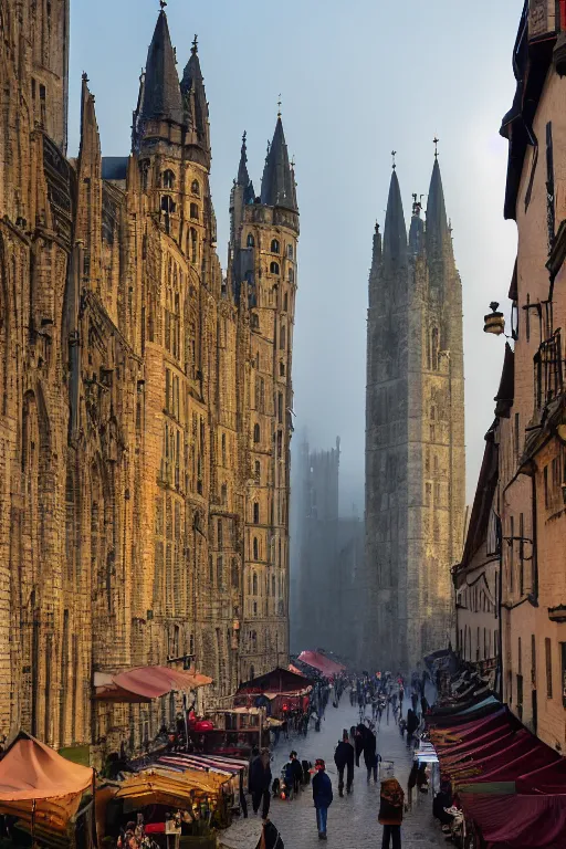 Image similar to a photo of a sprawling, medieval market in a huge city of large stonebuildings, tall towers and spires. Early morning, low hanging mist. Low camera angle. Wide lens.