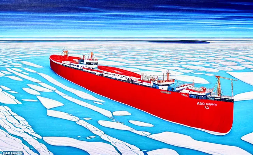 Prompt: a surreal colourful painting of arctic ice breaker going through ice field with epic cracks