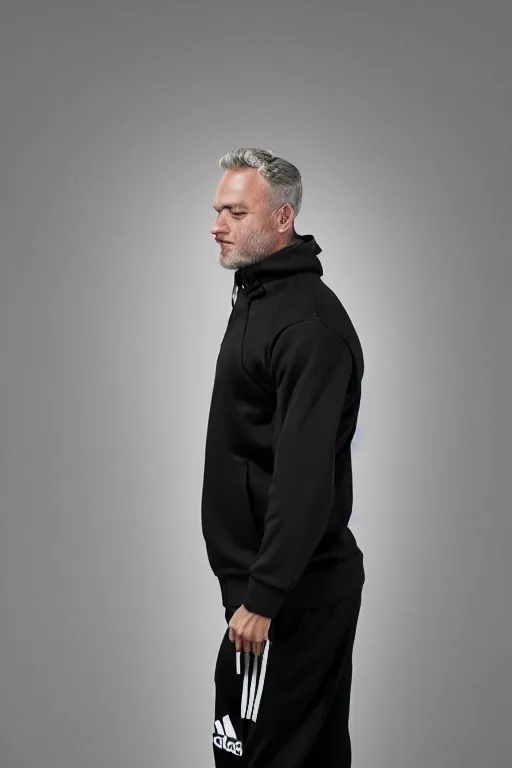 Image similar to Professional portrait photo of a drunk man wearing black adidas tracksuit, high quality photo, 25mm