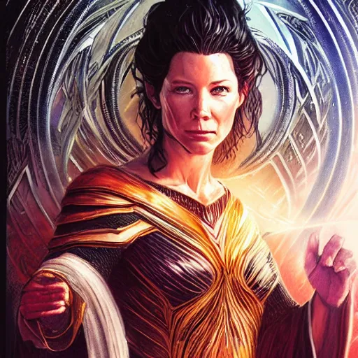 Prompt: evangeline Lilly as a priestess calling down thunder, symmetrical, smooth, sharp focus, art by magali villeneuve and art germ, concept art, very high quality