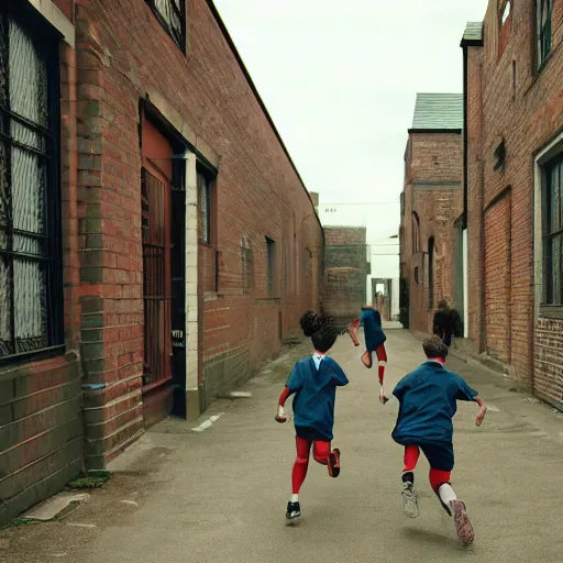 Prompt: kids running down a school alleyway in a hype, photorealistic, 4k, award-winning