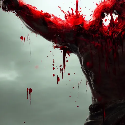 Prompt: god of death, dramatic pose, blood splatters, horns, red, 8 k, hyperrealistic, octane render, dramatic