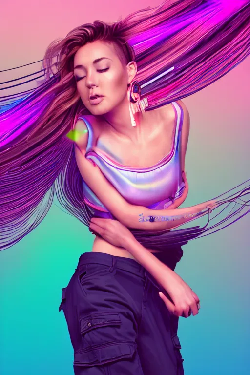 Image similar to a award winning half body portrait of a beautiful woman in a croptop and cargo pants with ombre purple pink teal hairstyle with head in motion and hair flying, surrounded by whirling illuminated lines, outrun, vaporware, shaded flat illustration, digital art, trending on artstation, highly detailed, fine detail, intricate