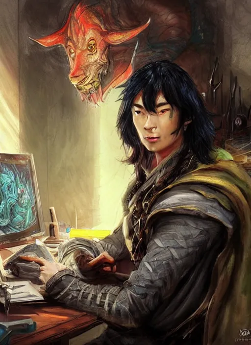 Image similar to asian with medium black hair man sitting at his desk look down at me, low angle, camera low, dndbeyond, bright, colourful, realistic, dnd character portrait, full body, pathfinder, pinterest, art by ralph horsley, dnd, rpg, lotr game design fanart by concept art, behance hd, artstation, deviantart, hdr render in unreal engine 5