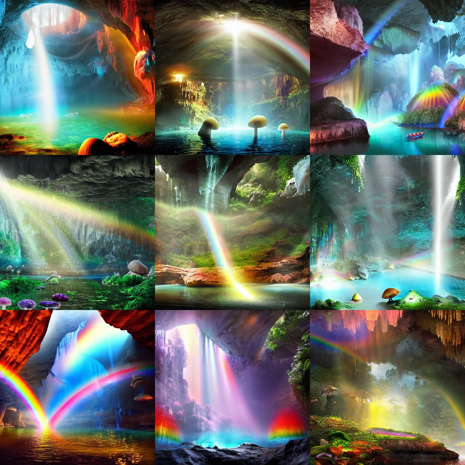 Prompt: vast cave system lit by sunbeams. underground lake. ruined temple. rainbow, waterfalls. glowing mushrooms. digital matte painting