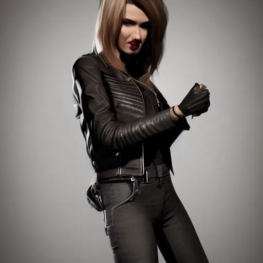 Image similar to a woman in a leather jacket posing for a picture, concept art by senior character artist, cgsociety, shock art, androgynous, daz3d, full body