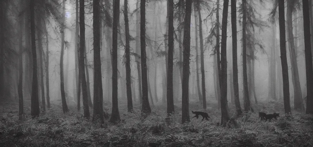 Prompt: misty forest, pack of black wolves, monochrome, analogue photo quality, blur, unfocus, cinematic, 35mm