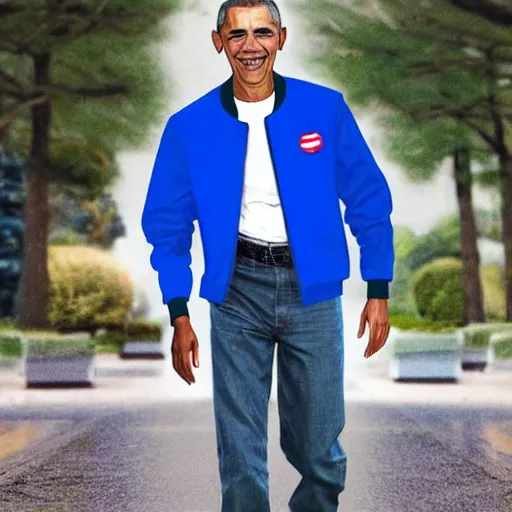 Image similar to realistic photo of casual barack obama wearing a royal blue varsity jacket with yellow sleeves