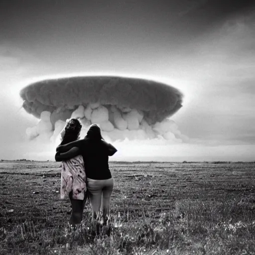 Image similar to A family hugging each other, apocalyptic nuclear explosion in the background