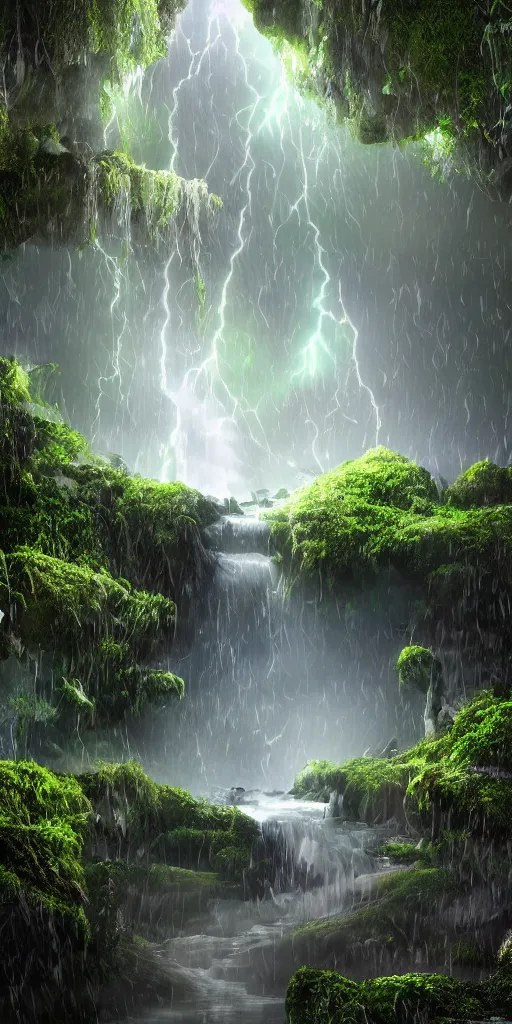 Prompt: photorealistic full shot of Groot under waterfall at moonlight, snowing, lightning bolt, green color palette, high detail, unreal engine 4k volumetric light, fog,