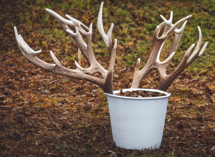 Image similar to a large styrofoam cup with four point antlers growing out of it, photography, high definition