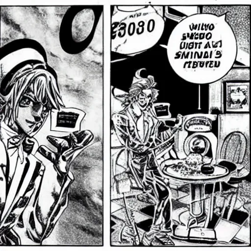 Prompt: Johnny Joestar from JoJo's Bizarre Adventure shooting the infinite spin at Colonel Sanders from KFC, drawn by Hirohito Araki, manga