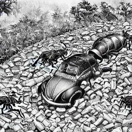 Image similar to highly detailed illustration of a beetle and the beatles battling on the battleground