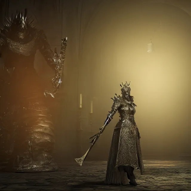 Image similar to queen beatrix as a monster in dark souls, dark cinematic, volumetric, realistic, 3 d render, cinematic lighting, ray tracing, cinematic, unreal engine 5, unreal engine render, octane render, hyper realistic, photo, 8 k