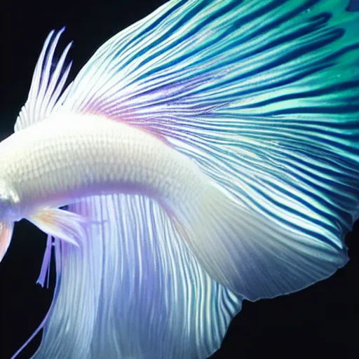 Prompt: a graceful iridescent white betta fish with long swirling fins, black-water-background, white smoke