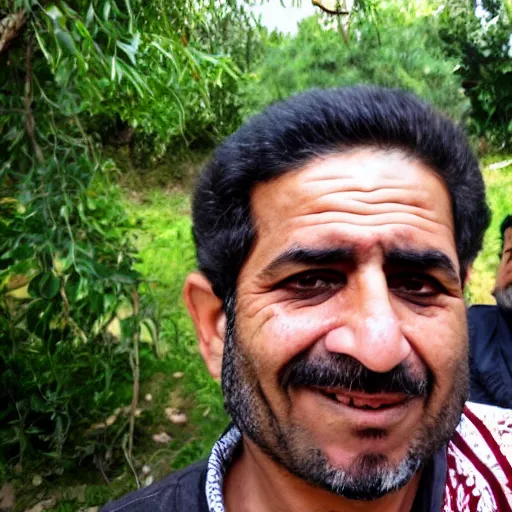 Image similar to my Kurdish dad taking a selfie with the front camera, in the background you can see a chimpanzee wearing male kurdish clothes, 4k uhd photo