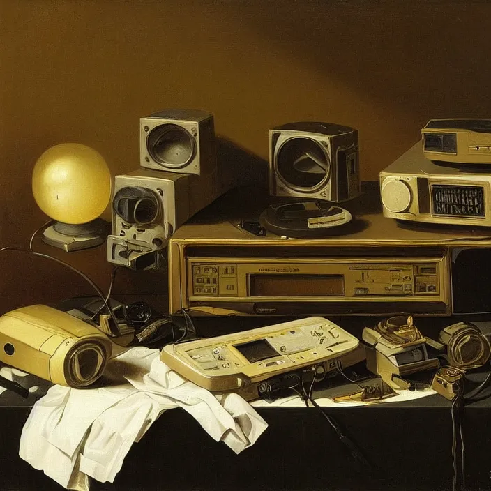 Image similar to still life painting of a retro electronics by pieter claesz, oil on canvas, strong lighting, highly detailed, hyper realism, golden hour, god rays, hd, 4 k