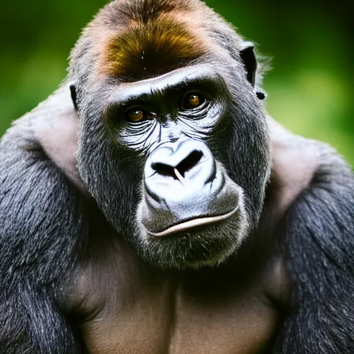 Image similar to portrait photo of a curious silverback gorilla with joe biden's facial features looking into the camera, indoors, f 1. 4, golden ratio, rim light, top light, overcast day