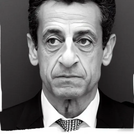 Image similar to very very low quality mugshot portrait of Nicolas Sarkozy, heavy grain, high contrast black and white