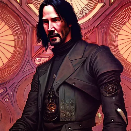 Image similar to full portrait of cyberpunk keanu reeves, sci - fi, d & d, intricate, detailed, by by alphonse mucha, adolfo hohenstein, alice russell glenny, stanley artgerm lau, greg rutkowski, detailed, trending on artstation, trending on artstation, smooth