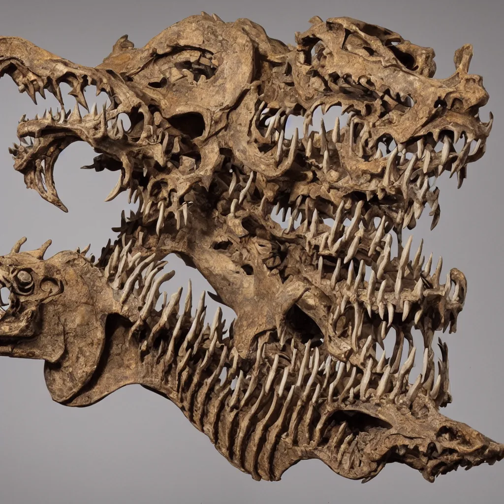 Prompt: a fossilized Chinese dragon skeleton, museum photo