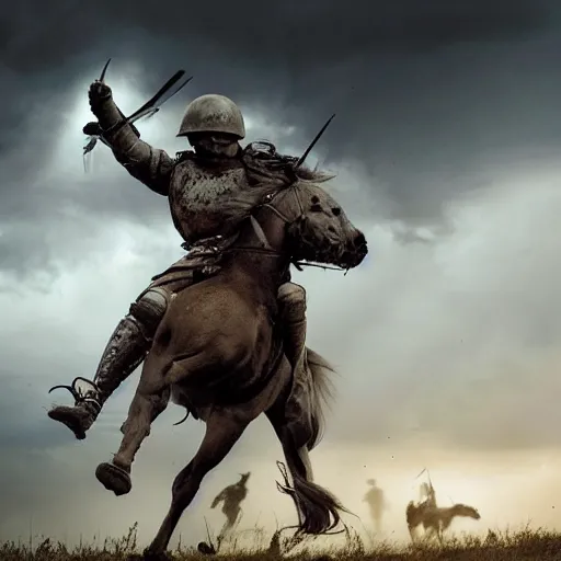 Prompt: a haunting hyper-realistic photograph of a tired spartan soldier riding a horse on the battlefield in the style of a photo-realistic, realistic photograph, moonlight, detailed, dark, ominous, threatening, haunting, forbidding, colorful, stormy, doom, apocalyptic, sinister, ghostly, unnerving, harrowing, dreadful ,frightful, shocking, terror, hideous, ghastly, terrifying