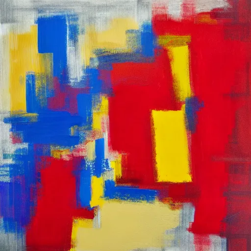 Image similar to gestural abstraction painting in red, yellow, and blue