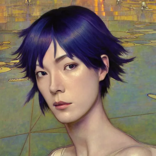 Image similar to Major Kusanagi from Ghost in the Shell with Pixie Haircut drawn by Donato Giancola and Makoto Shinkai, Edmund Leighton, Alphonse Mucha, background by James Jean and Gustav Klimt, 4k, porcelain skin, volumetric lighting, komorebi, french nouveau, trending on artstation, octane render, hyperrealistic