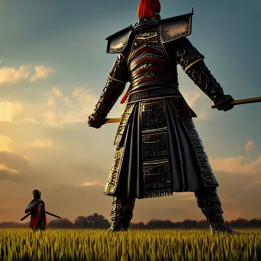 Image similar to giant samurai standing in a field opposite a small soldier, detailed digital artwork, symmetrical, highly detailed, highly accurate, deep aesthetic, 8 k, highly ornate intricate details, cinematic lighting, rich colors, ray tracing, hyperrealistic, photorealistic, cinematic landscape, trending on artstation,