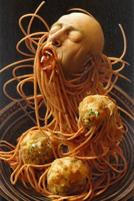 Prompt: plate of spaghetti and meatballs in the style of wayne barlowe, gustav moreau, goward, bussiere, roberto ferri, santiago caruso, luis ricardo falero, dali