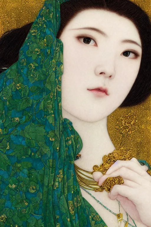 Image similar to Portrait of a Beautiful Japanese female, sad green eyes, pale skin, elegant, jewellery, digital painting, Pre-Raphaelites, highly detailed, concept art, smooth, sharp focus, gold and indigo, illustration, art by Klimt .