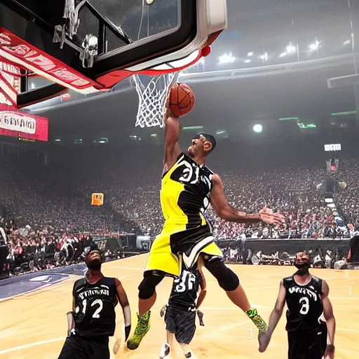 Image similar to A photograph of Venom slam dunking