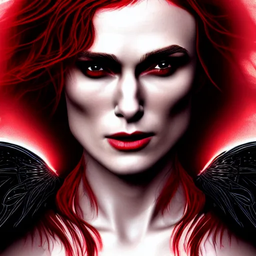 Image similar to beautiful female mage with red hair, keira knightley, black clothing, dark feathered wings, intricate, highly detailed face, trending on artstation, dramatic lighting, 4 k