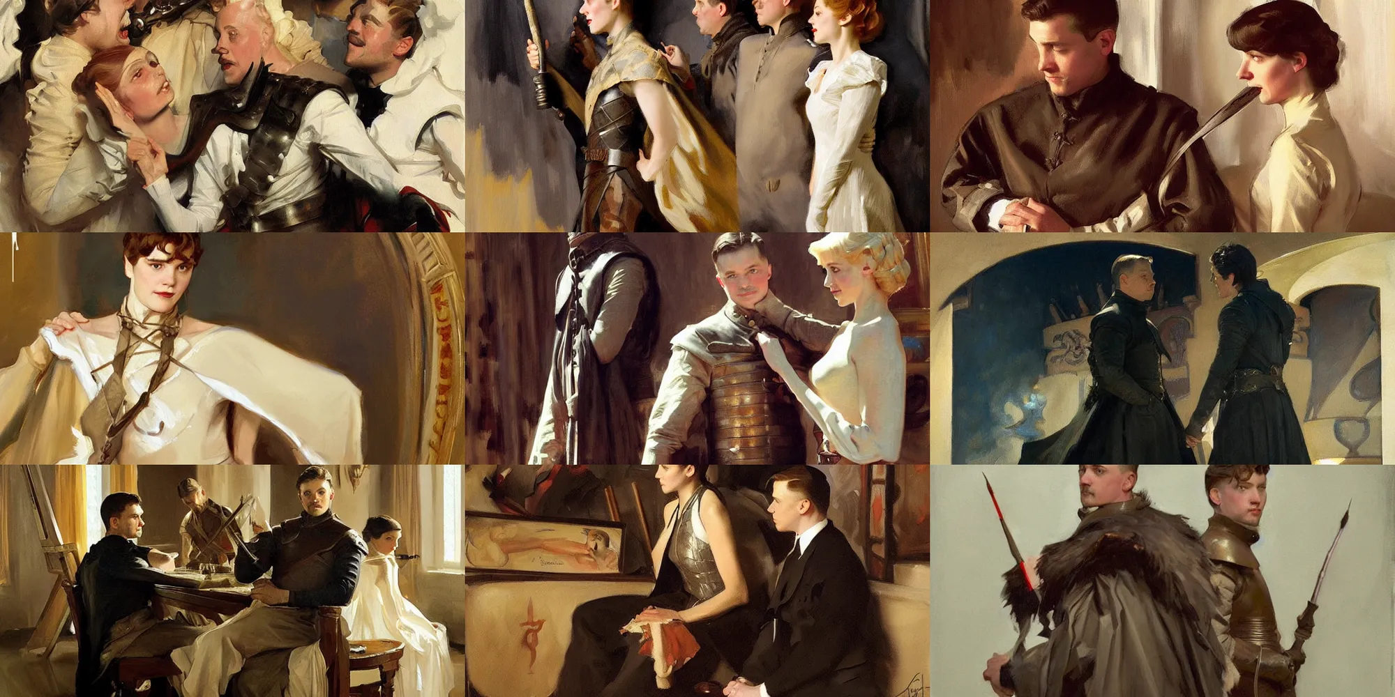 Prompt: painting by sargent and leyendecker. game of thrones.