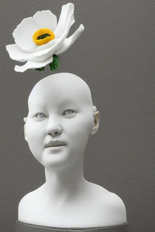 Image similar to full head and shoulders, female porcelain sculpture by daniel arsham and raoul marks, smooth, all white features on a white background, detailed white 3 d giant poppies on the head