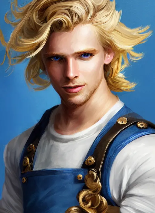 Image similar to a highly detailed illustration of long wavy bright blonde haired young effeminate boy wearing blue blacksmith apron and iron mechanical arms, blue eyes, dramatic smiling pose, intricate, elegant, highly detailed, centered, digital painting, artstation, concept art, smooth, sharp focus, league of legends concept art, wlop