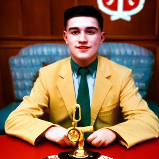 Prompt: A young man in a suit sits at a table , coat of arms of USSR with hammer and sickle in background, bokeh, cinestill, fine details